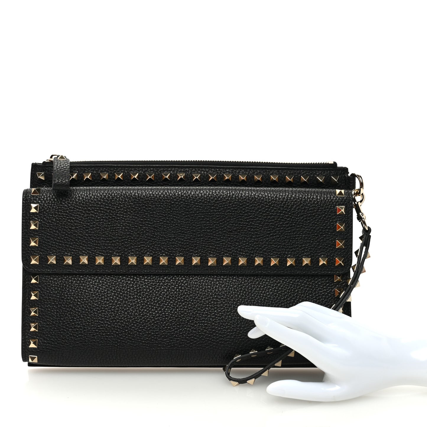 Pebbled Calfskin Large Rockstud Wristlet Clutch Black