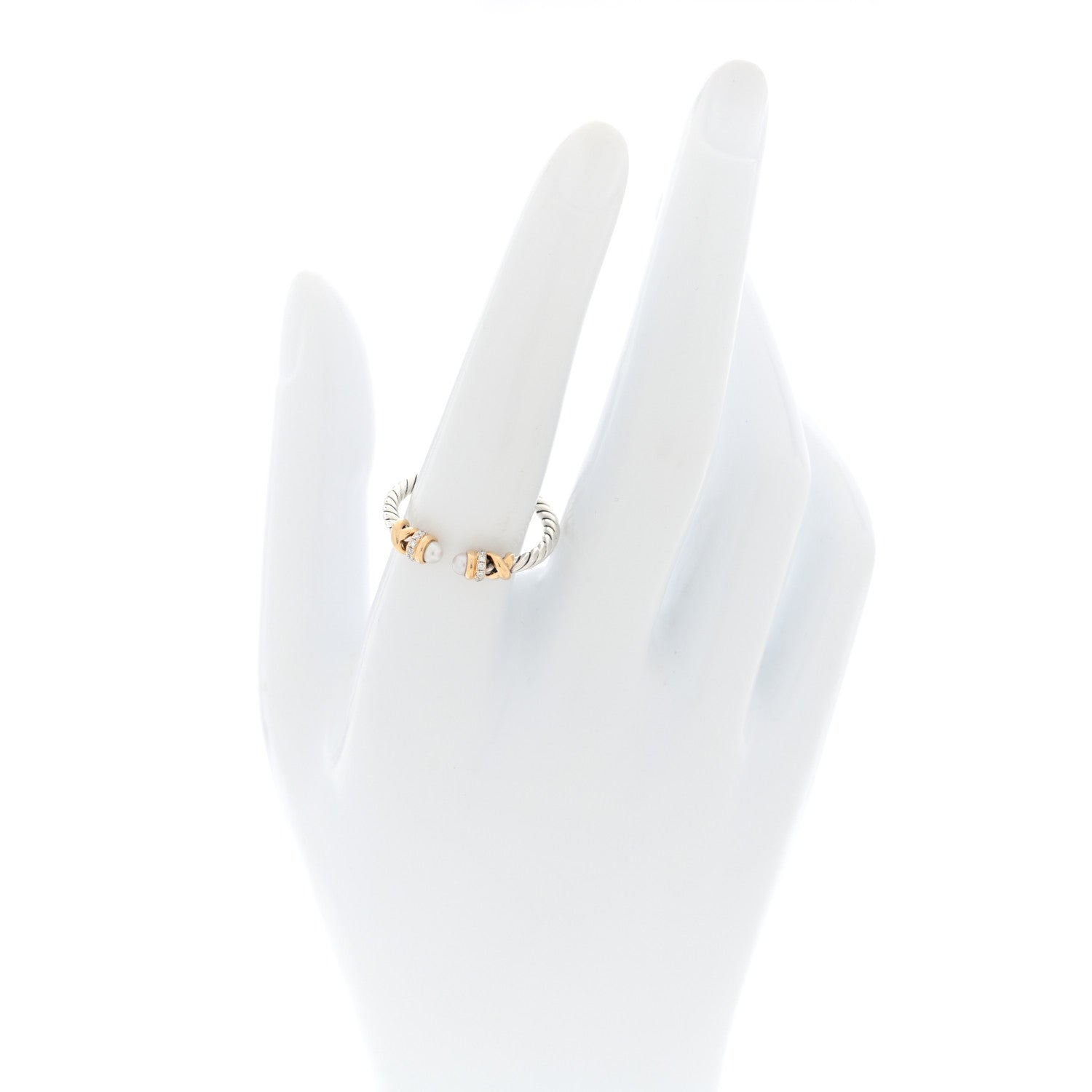 David Yurman Sterling Silver 18K Yellow Gold Diamond Pearl Petite Helena Ring 56 7.5 2 of 5