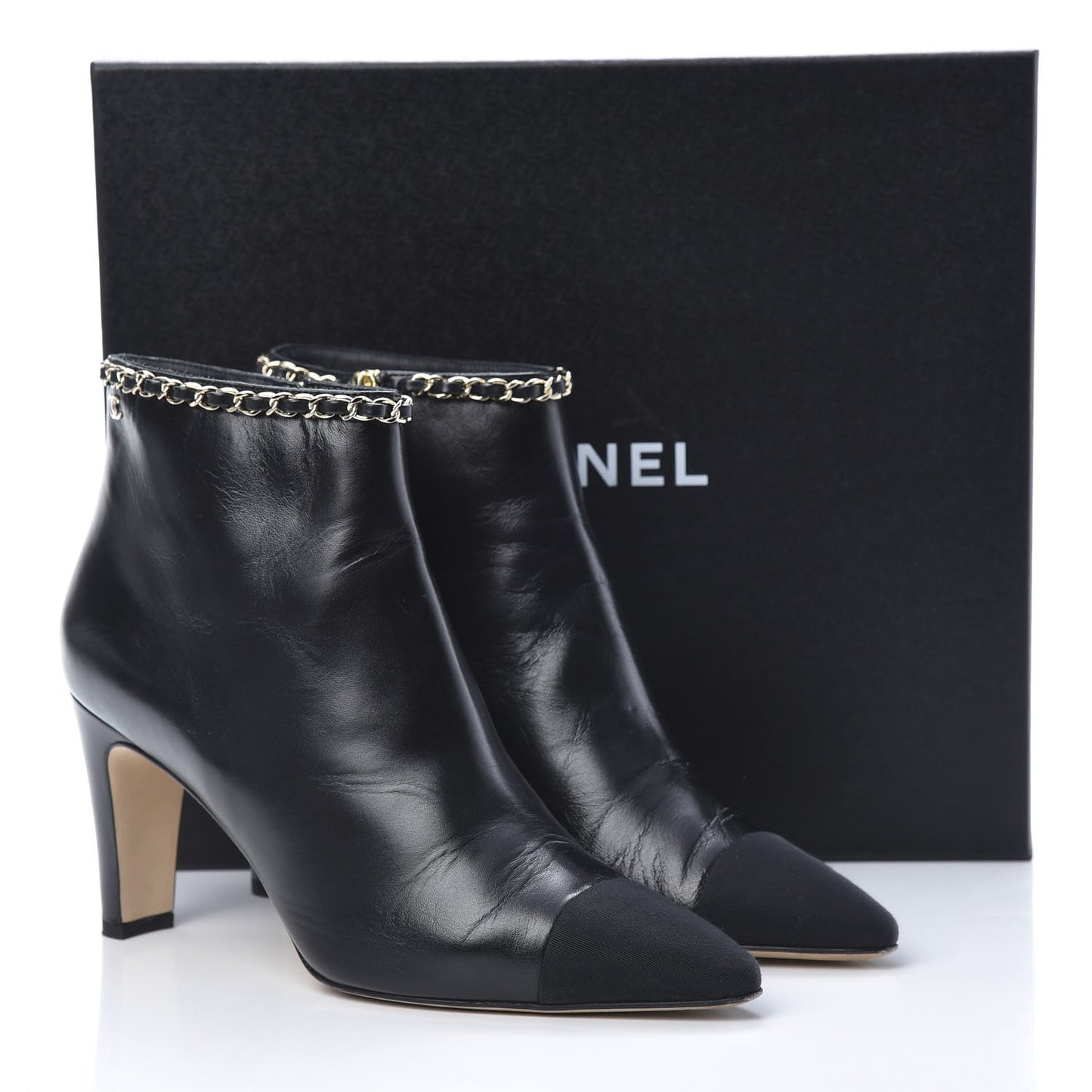 Lambskin Grosgrain CC Chain Cap Toe Short Boots 40 Black