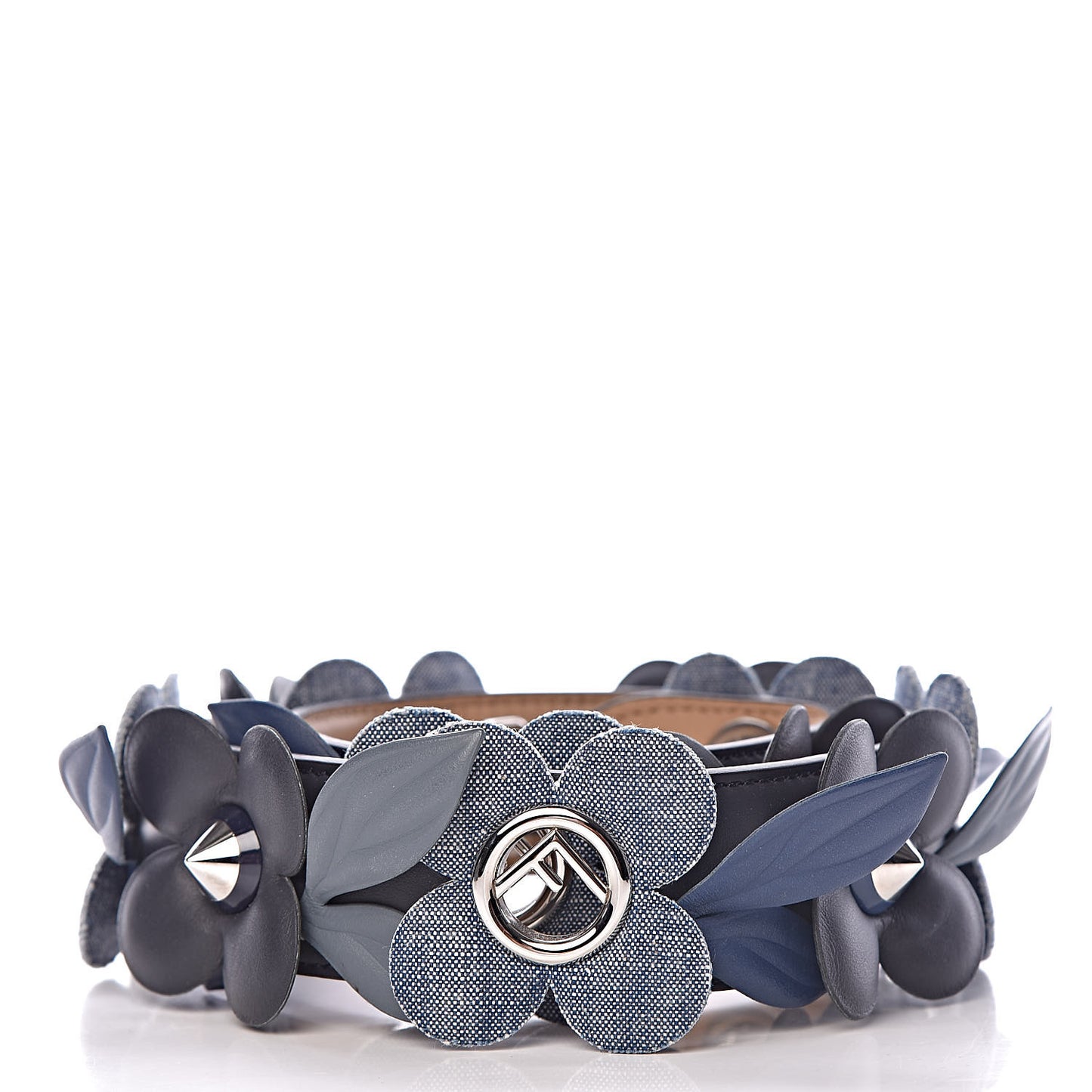 Vitello Century Denim F is Fendi Bi-Color Floral Studded Strap You Blue Notte Cuoio