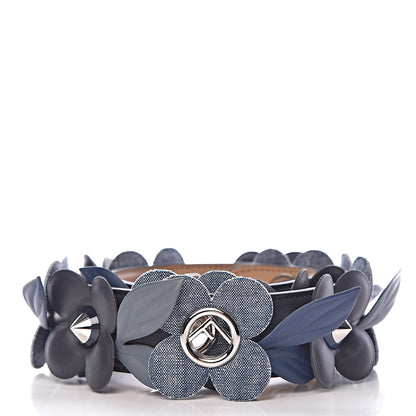 Fendi Vitello Century Denim F is Fendi Bi-Color Floral Studded Strap You Blue Notte Cuoio 2 of 4