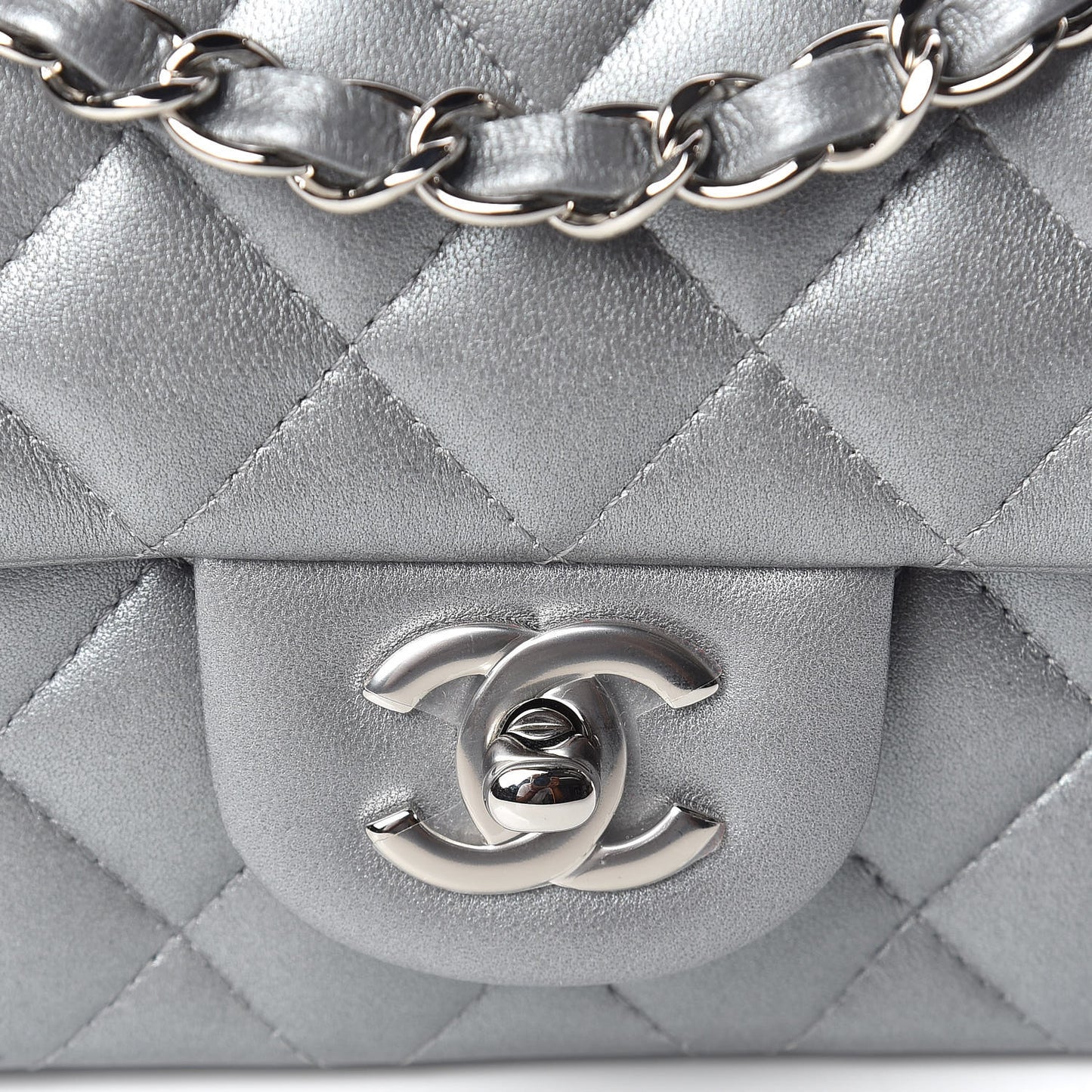 Metallic Lambskin Quilted Mini Rectangular Flap Silver