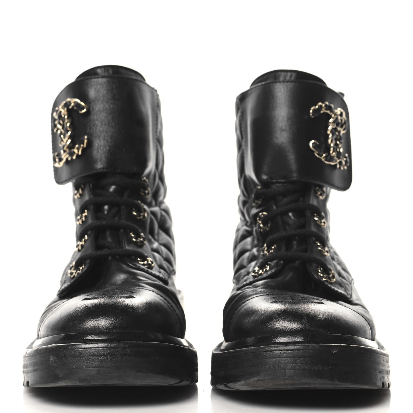 Shiny Calfskin Quilted Lace Up Combat Boots 38.5 Black