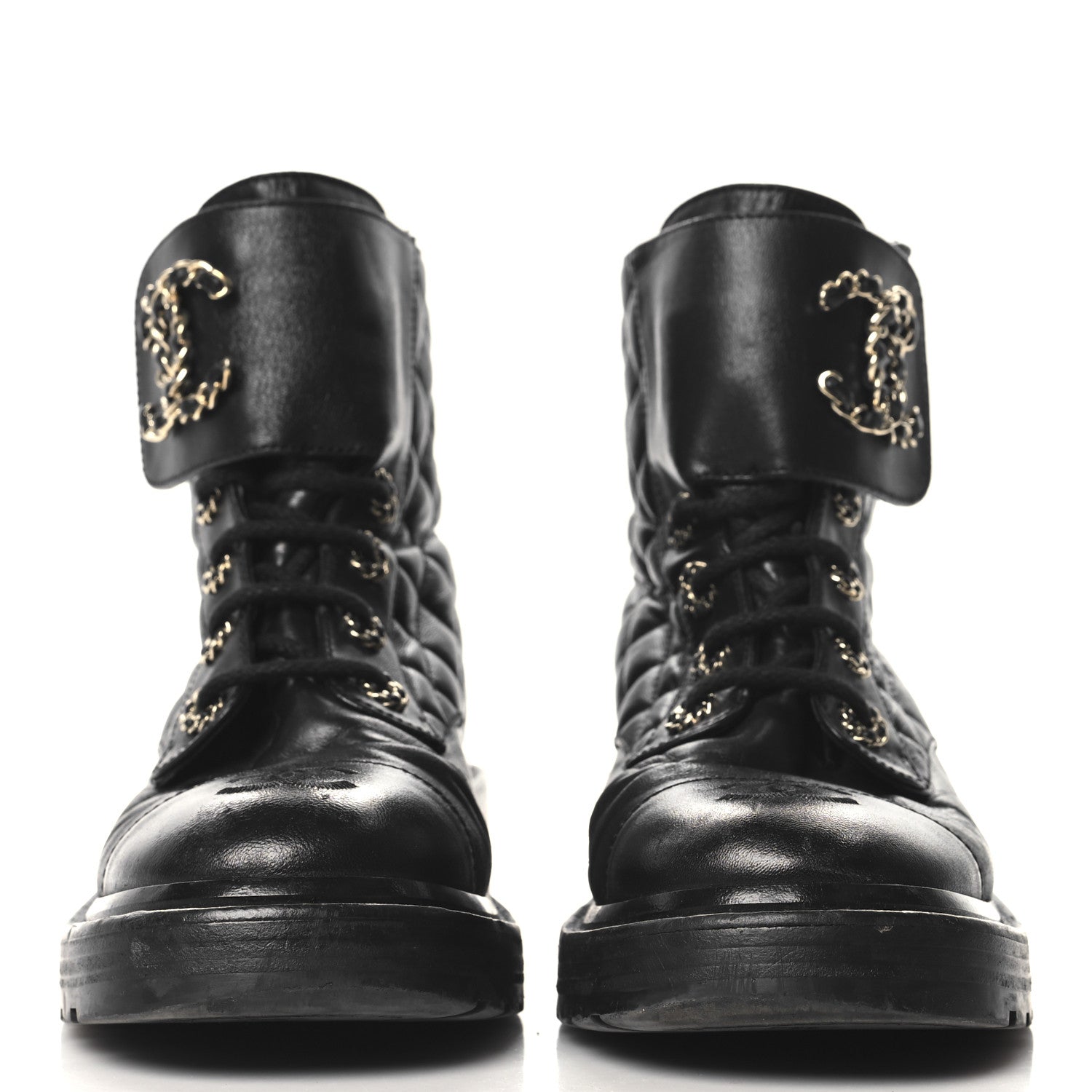 Chanel Shiny Calfskin Quilted Lace Up Combat Boots 38.5 Black 3 of 8