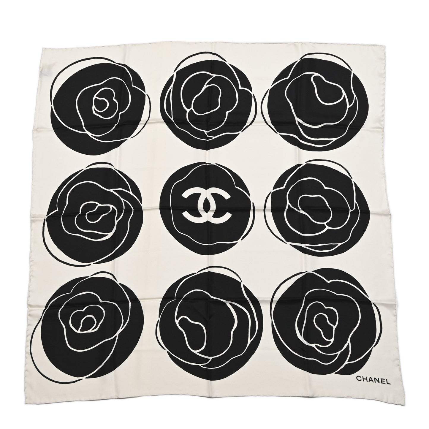 Silk CC Camellia Scarf Black White