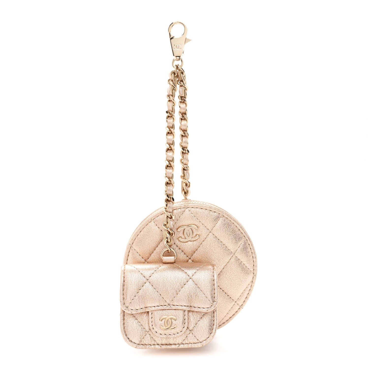 Chanel Metallic Lambskin Quilted Round Clip On Coin Purse Airpods Case Gold 1 of 9