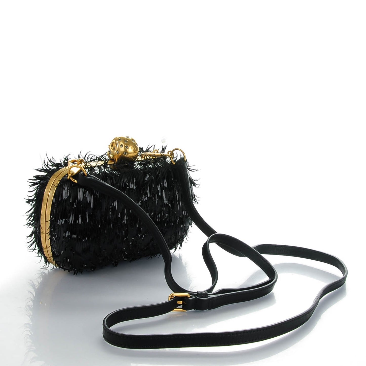 Patent Fringe Crystal Skull Box Clutch Black