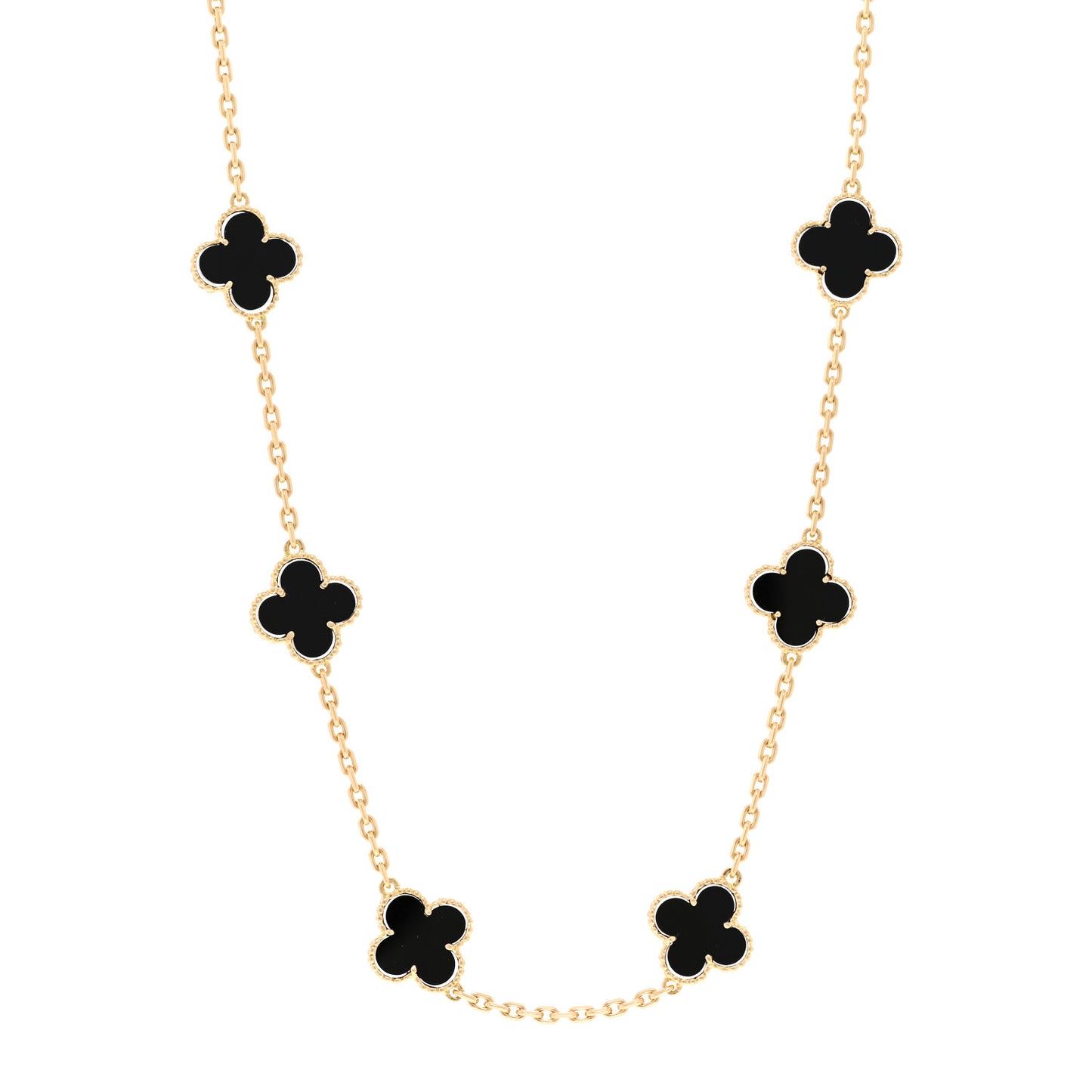 18K Yellow Gold Black Onyx 10 Motifs Vintage Alhambra Necklace