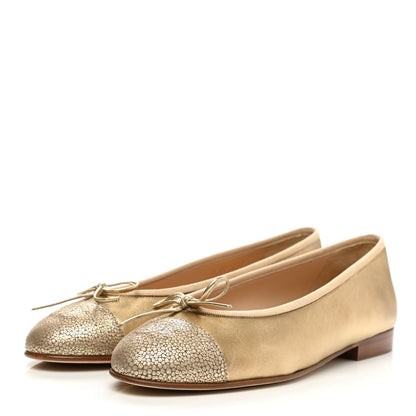 Chanel Lambskin Metallic Caviar CC Cap Toe Ballerina Flats 37 Light Gold 4 of 12