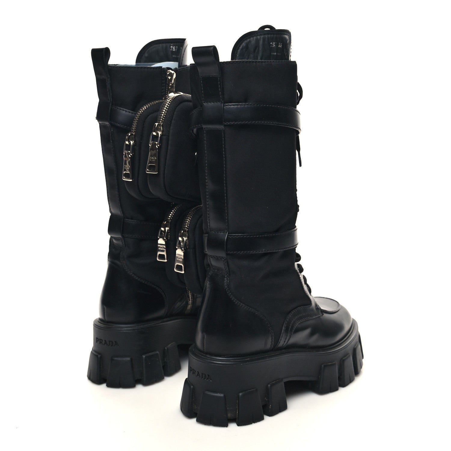 Prada Spazzolato Rois Re-Nylon Metal Triangle Logo Monolith Pouch Pocket 55mm Tall Combat Boots 36 Black 4 of 10