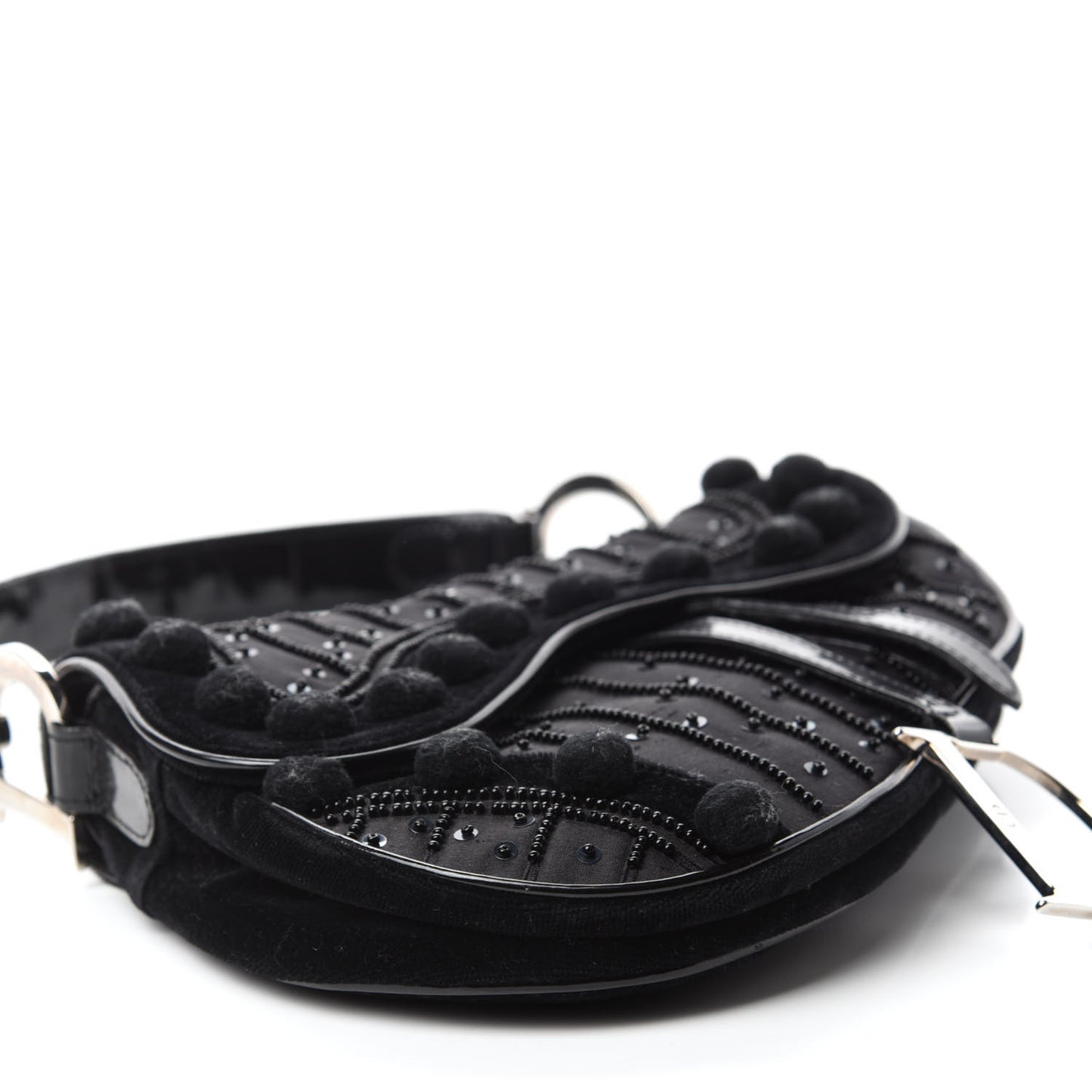 Velvet Nylon Pom Pom Saddle Bag Black