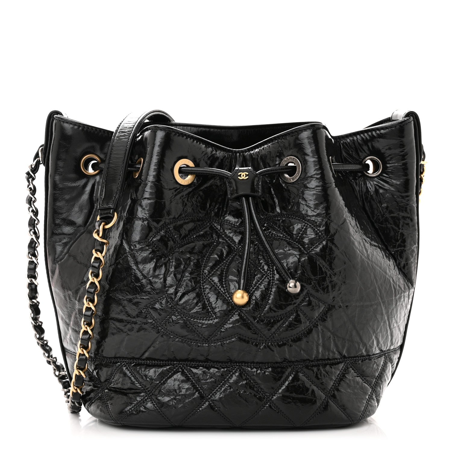 Chanel Shiny Aged Calfskin CC Chain Drawstring Bag Black 1 of 11