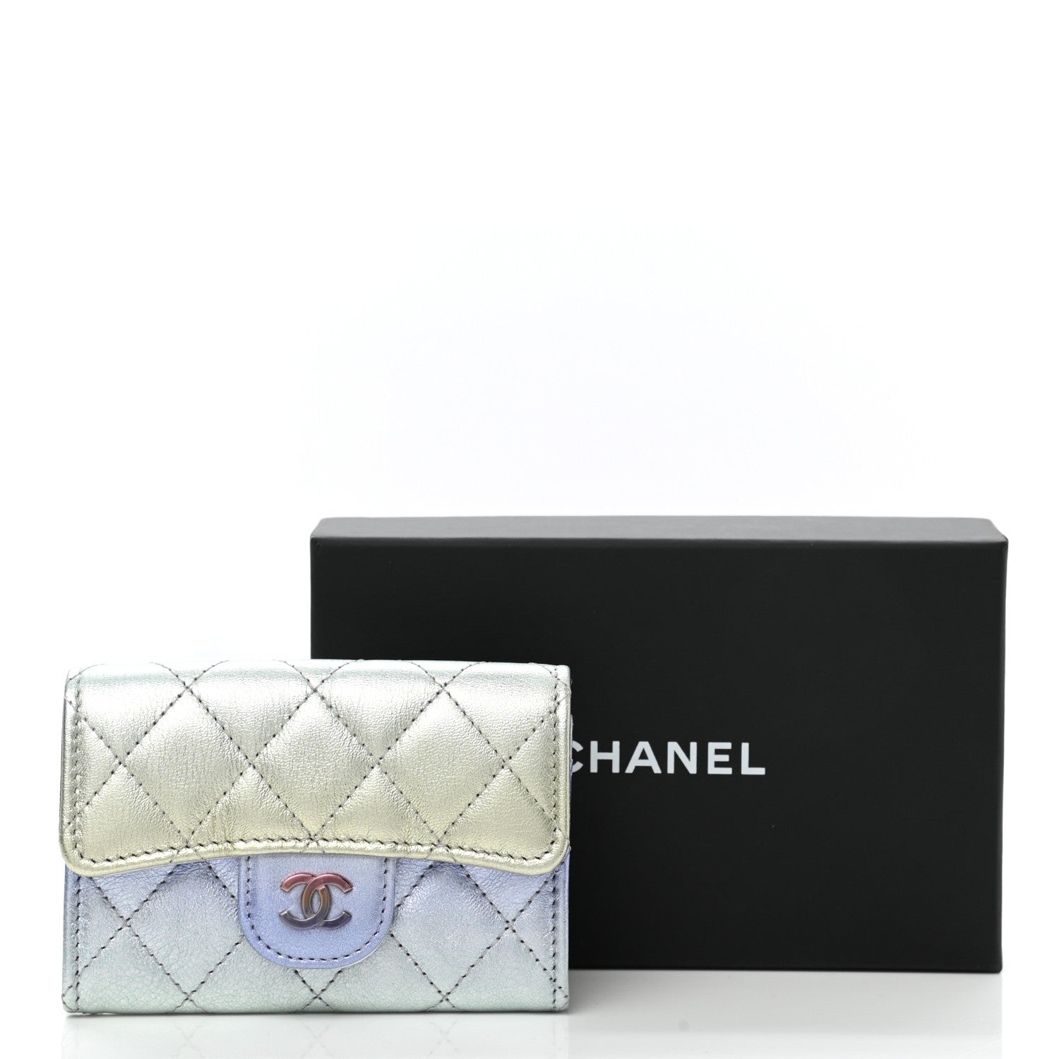 Chanel Gradient Metallic Calfskin Quilted Flap Card Holder Wallet Silver Blue Yellow Purple 10 of 10