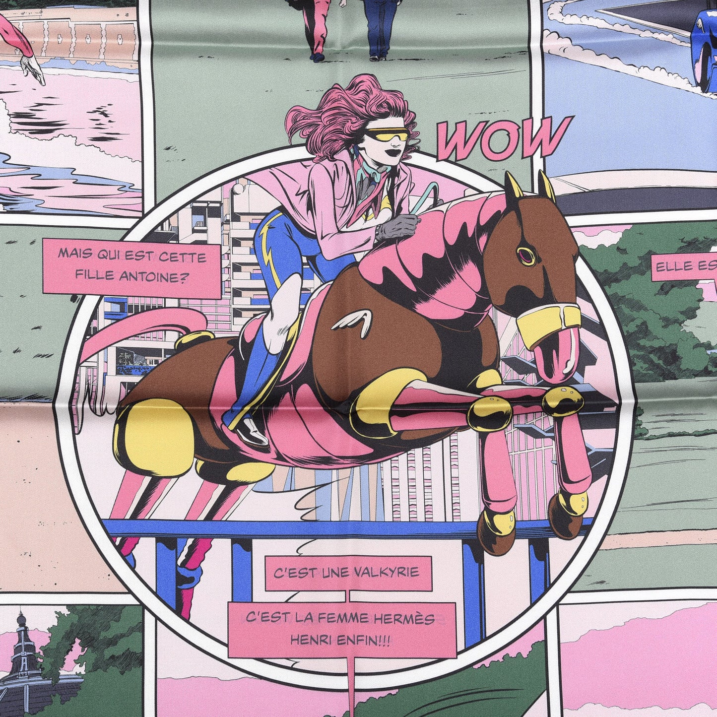 Silk La Legende Du Cheval A Plumes Scarf 90 Rose Pale Jaune Vif Turquoise