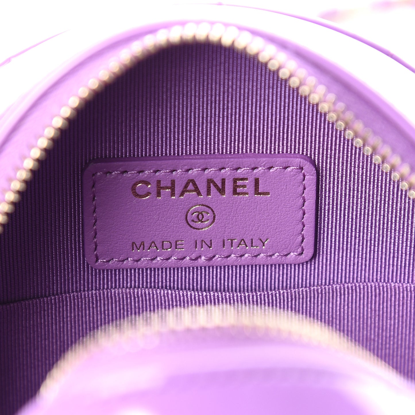 Patent Quilted Round Clutch With Chain Purple