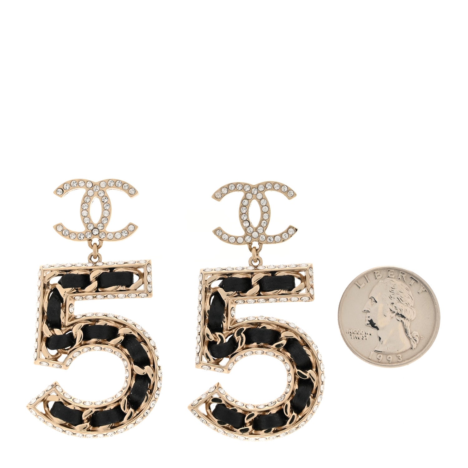 Chanel Crystal Lambskin Chain CC No 5 Drop Earrings Gold Black 2 of 5