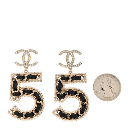 Chanel Crystal Lambskin Chain CC No 5 Drop Earrings Gold Black 2 of 5