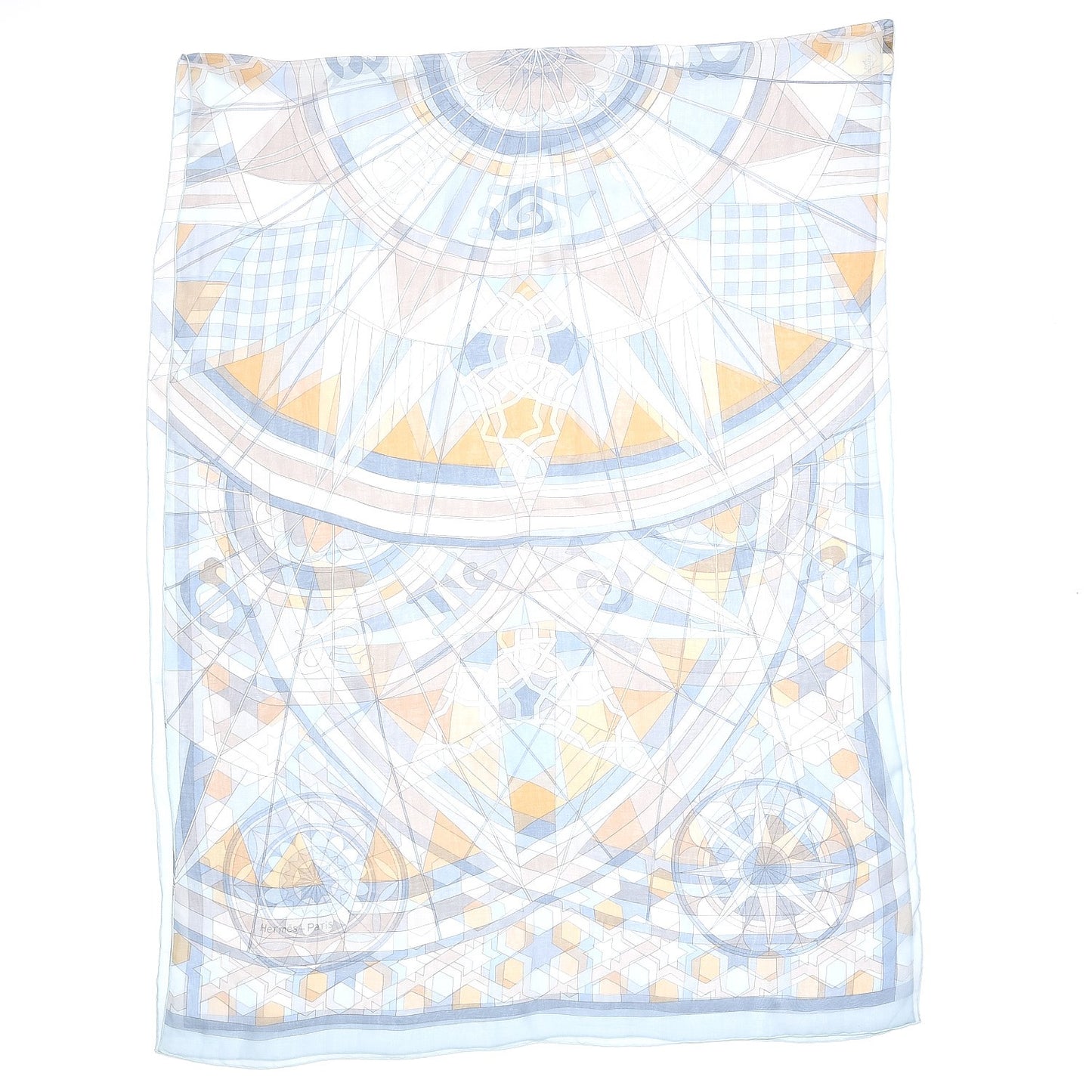 Mousseline Silk Rose De Compas Stole Scarf Bleu Glacier Beige Gris