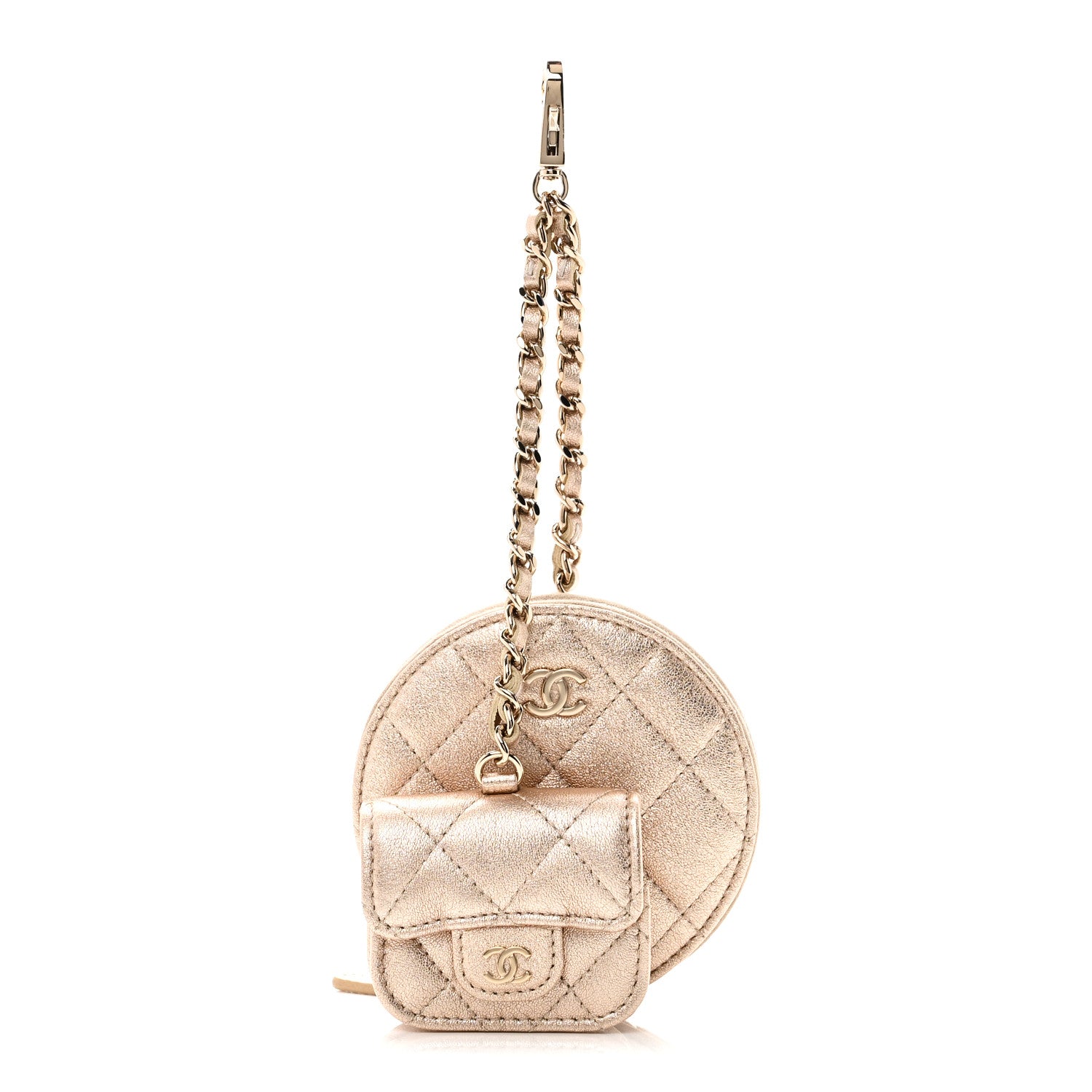 Chanel Metallic Lambskin Quilted Round Clip On Coin Purse Airpods Case Gold 1 of 8