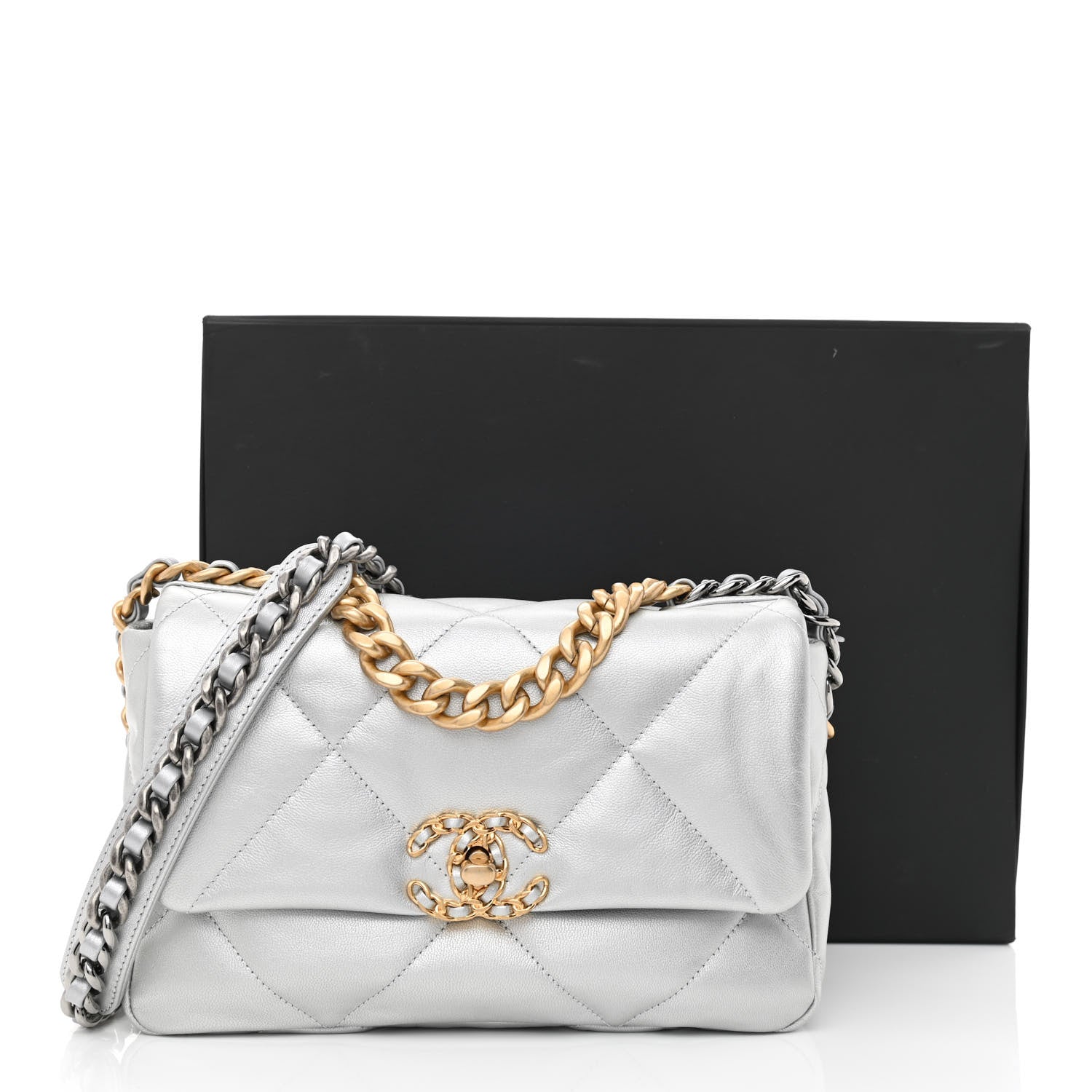 Chanel Metallic Goatskin Quilted Medium Chanel 19 Flap Silver 11 of 11