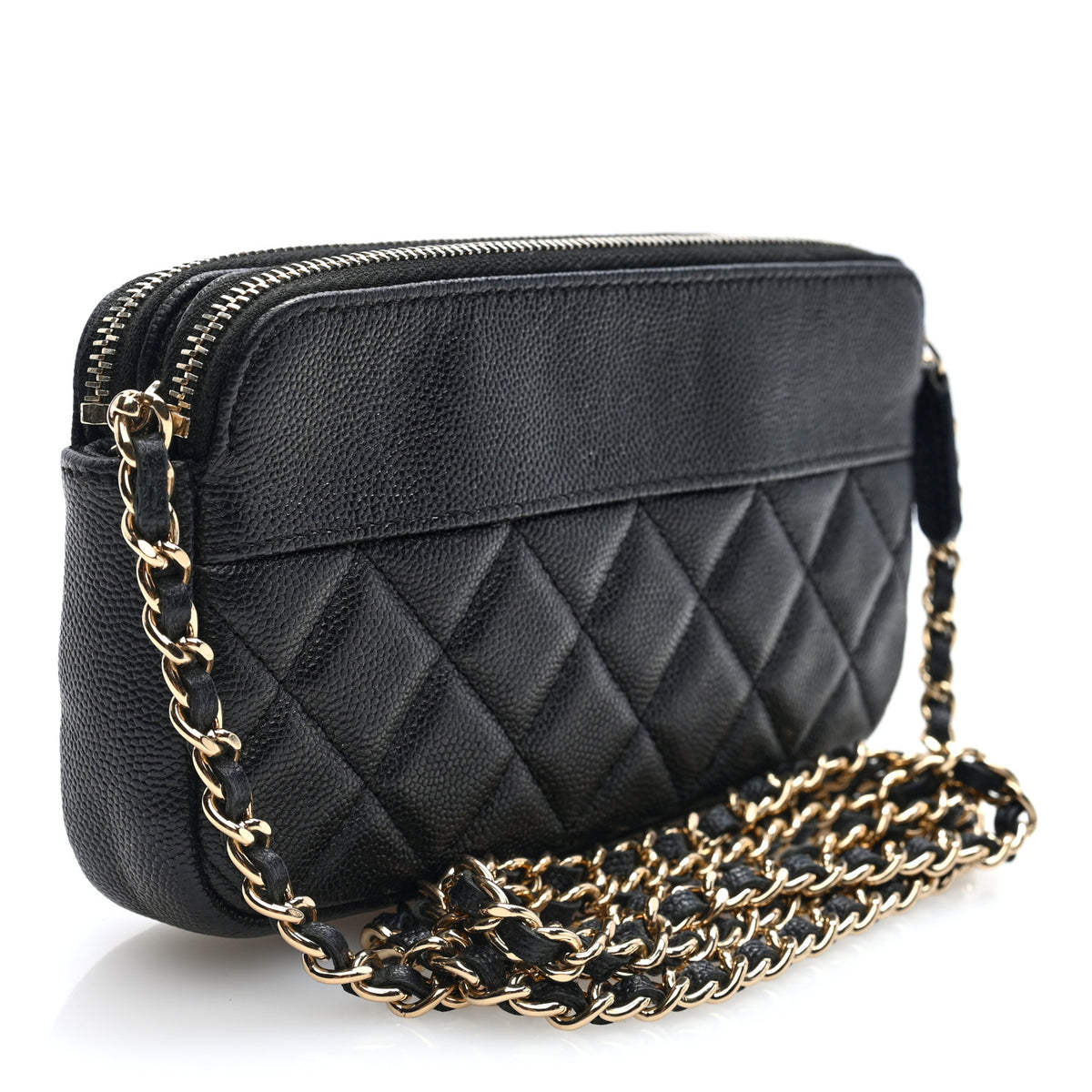 Caviar Quilted Zipped Phone Holder With Chain Black