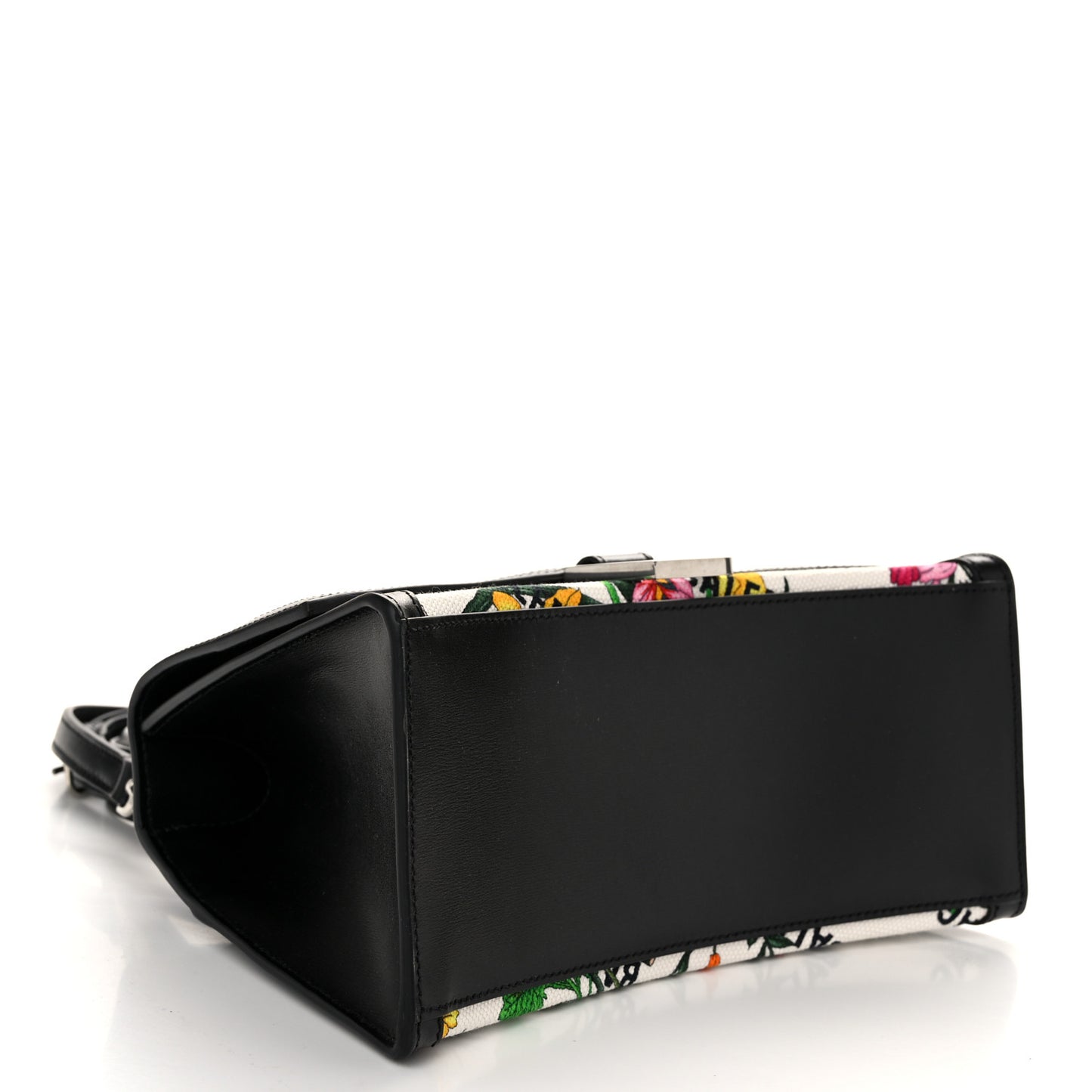 X GUCCI Canvas Boarded Plutone Calfskin Flora Logo Print Small Hourglass Top Handle Bag White Multicolor Black