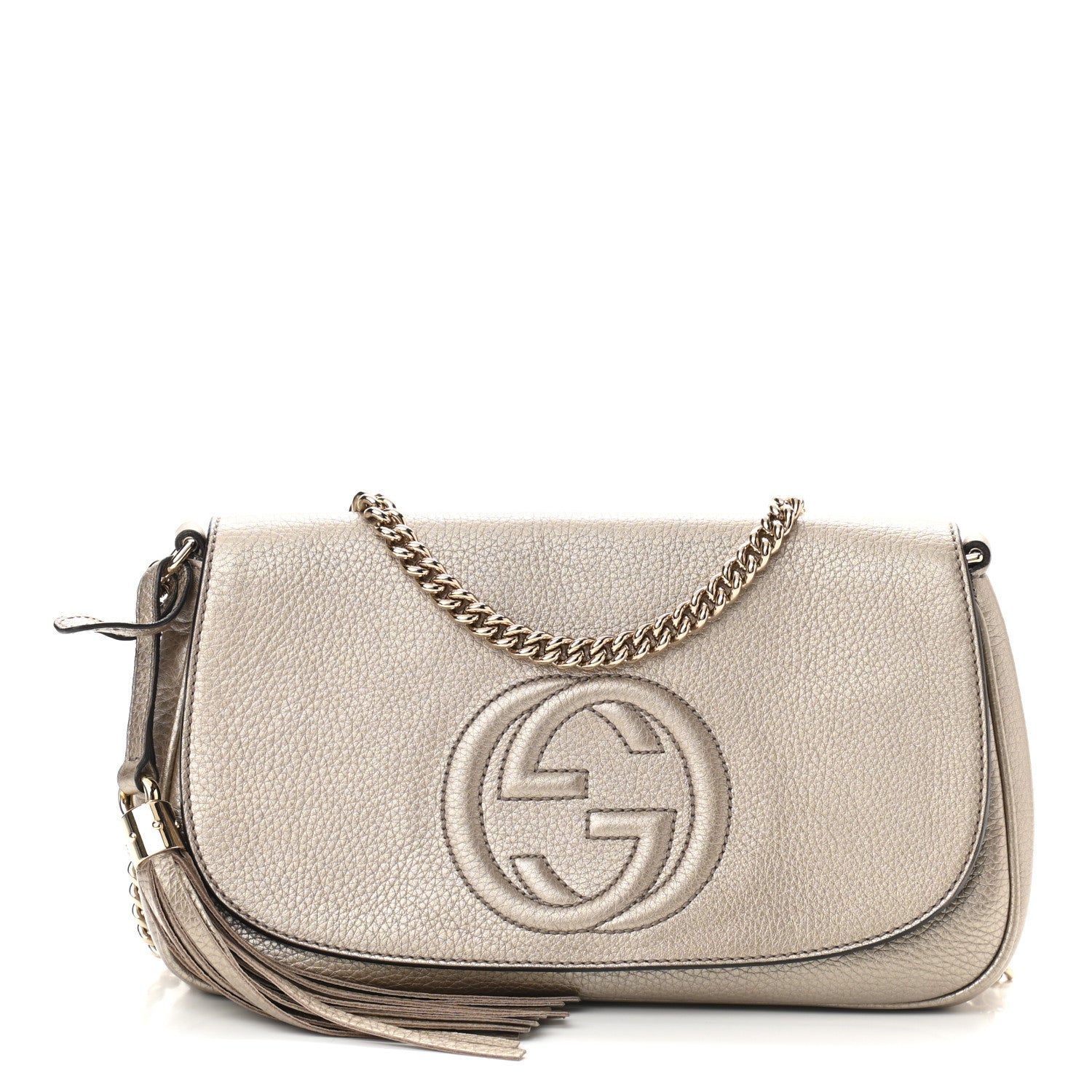 Gucci Metallic Pebbled Calfskin Medium Soho Flap Crossbody Golden Beige 1 of 11
