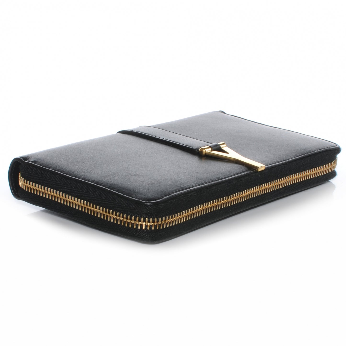 Leather Y Line Zip Around Wallet Black