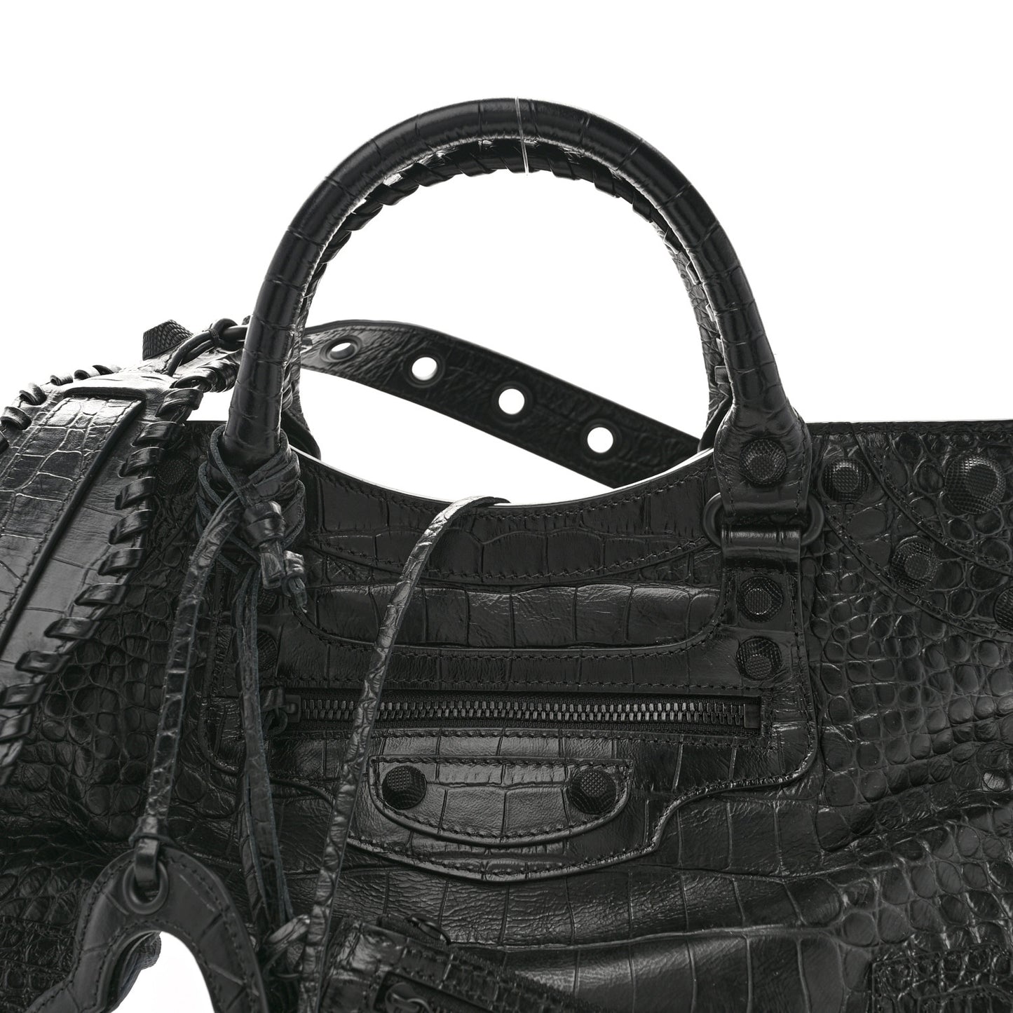 Semi Shiny Calfskin Crocodile Embossed Neo Cagole Black Hardware City Handbag Black