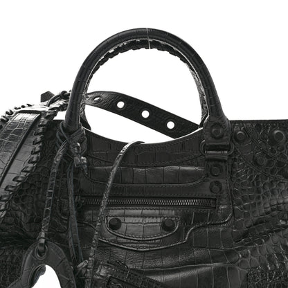 Balenciaga Semi Shiny Calfskin Crocodile Embossed Neo Cagole Black Hardware City Handbag Black 8 of 10