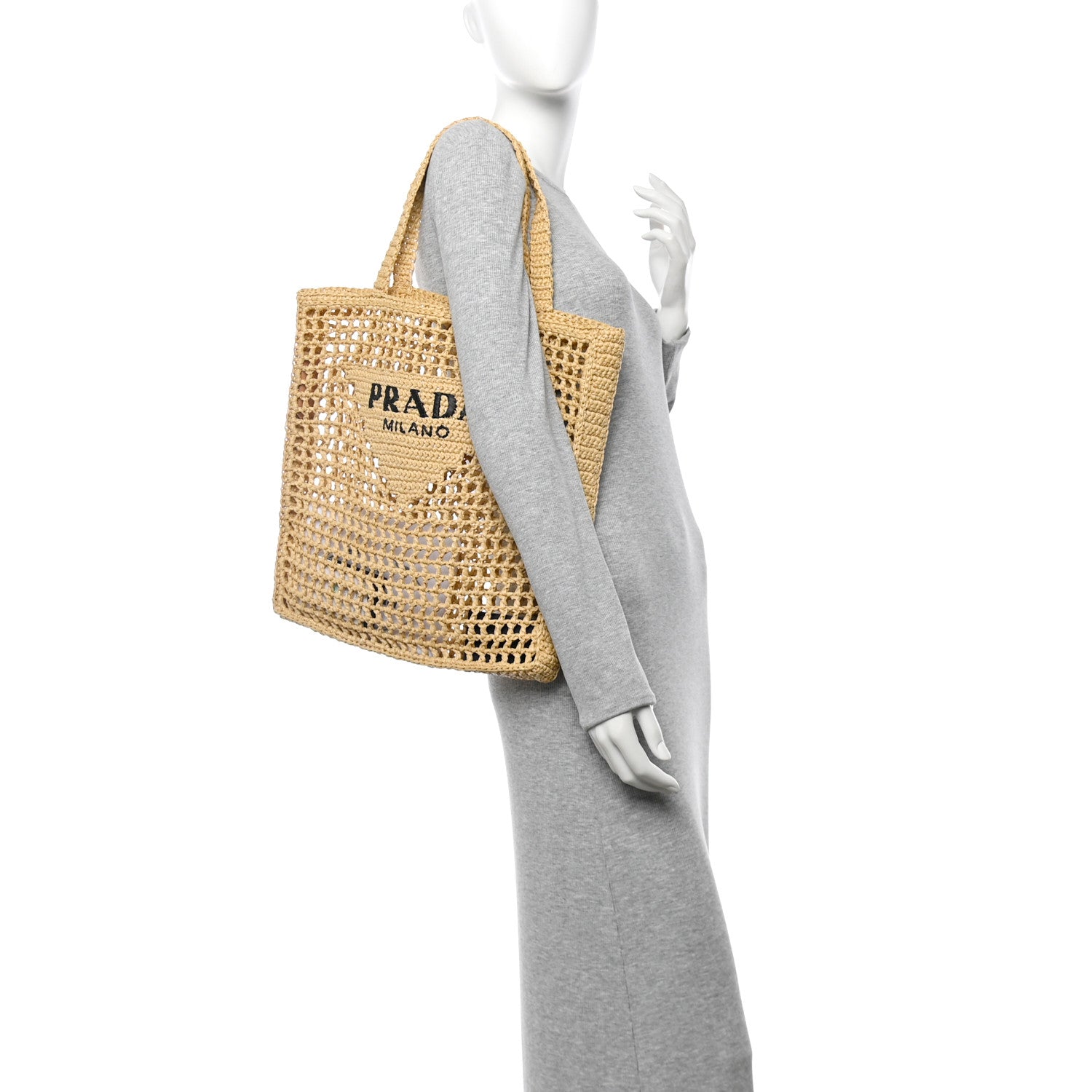Prada Yarn Raffia Effect Crochet Logo Embroidered Tote Bag Naturale 2 of 9
