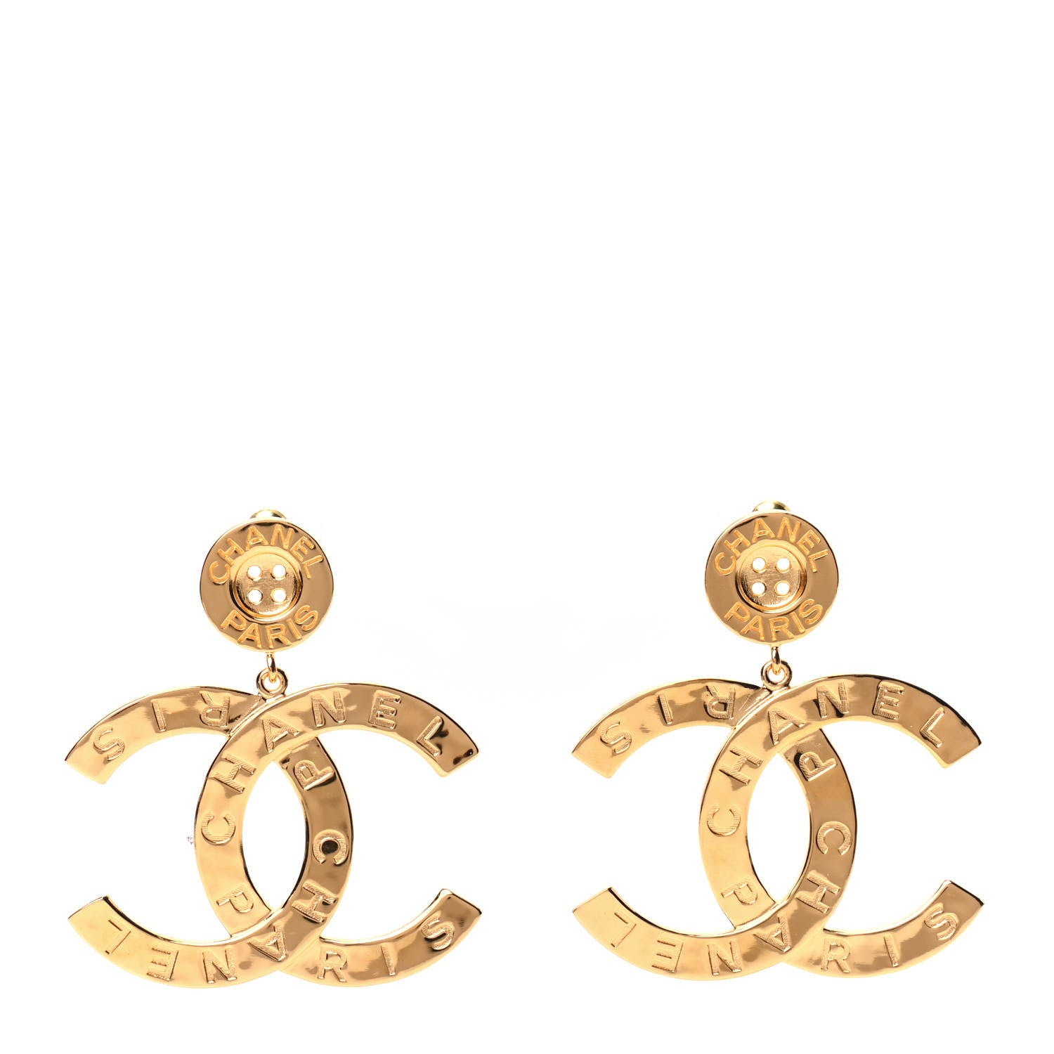 Chanel Metal Large Paris Button Earrings Gold 1 of 6