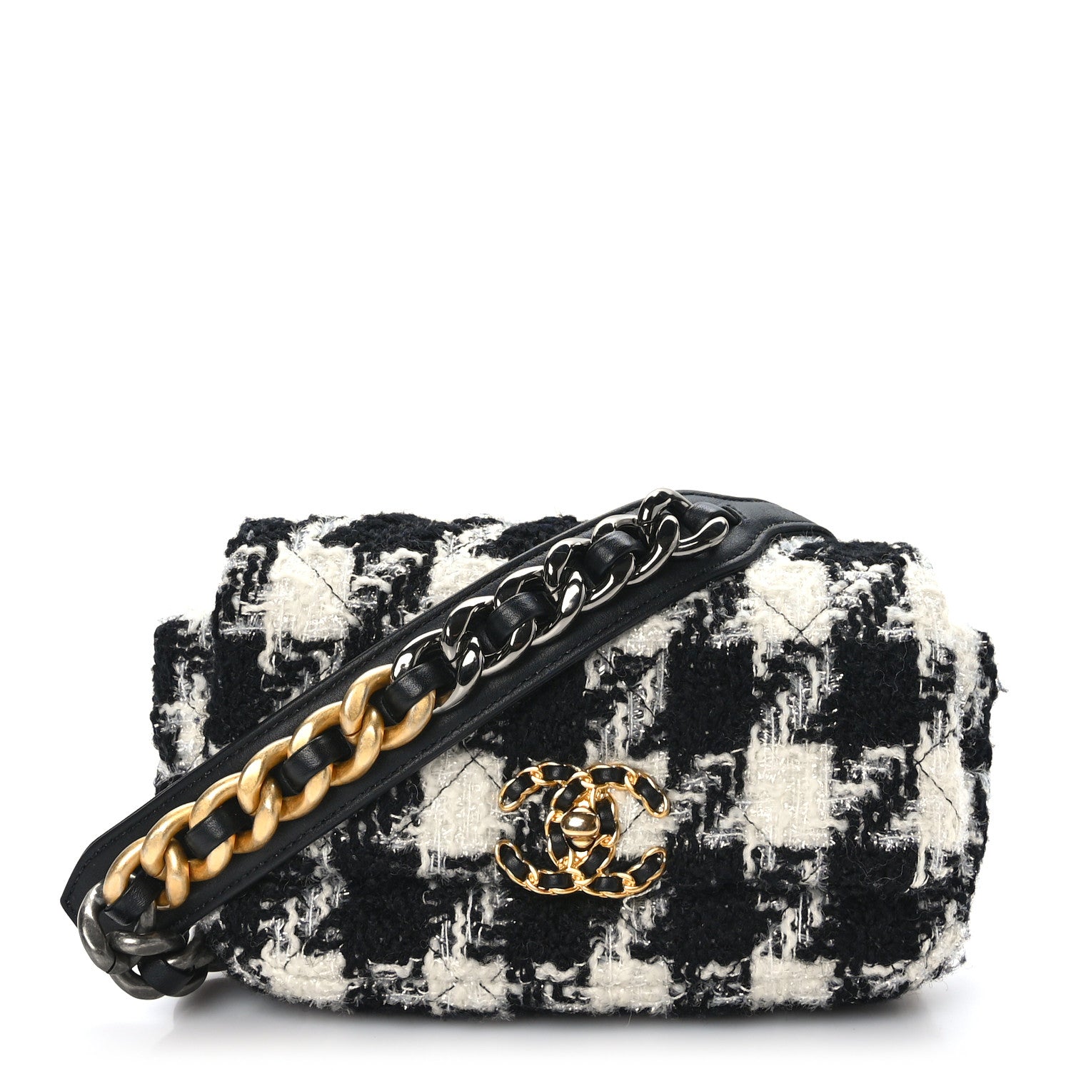 Chanel Tweed Quilted Chanel 19 Waist Bag Black Ecru White 1 of 9