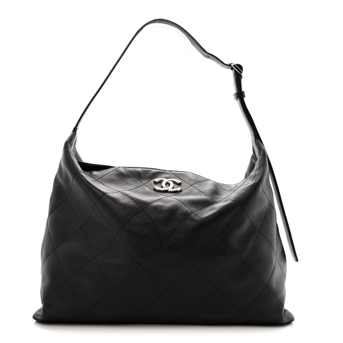 Shiny Lambskin Quilted Maxi Hobo Black