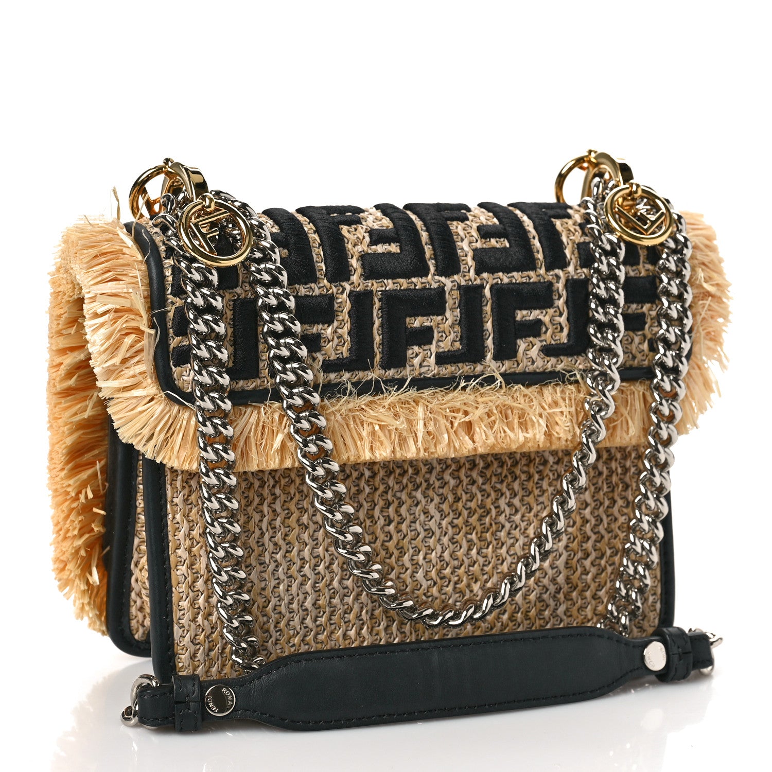 Fendi Raffia Vitello Century F is Fendi FF Embroidered Fringe Small Kan I Shoulder Bag Natural Black 2 of 8