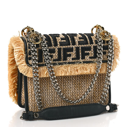 Fendi Raffia Vitello Century F is Fendi FF Embroidered Fringe Small Kan I Shoulder Bag Natural Black 2 of 8