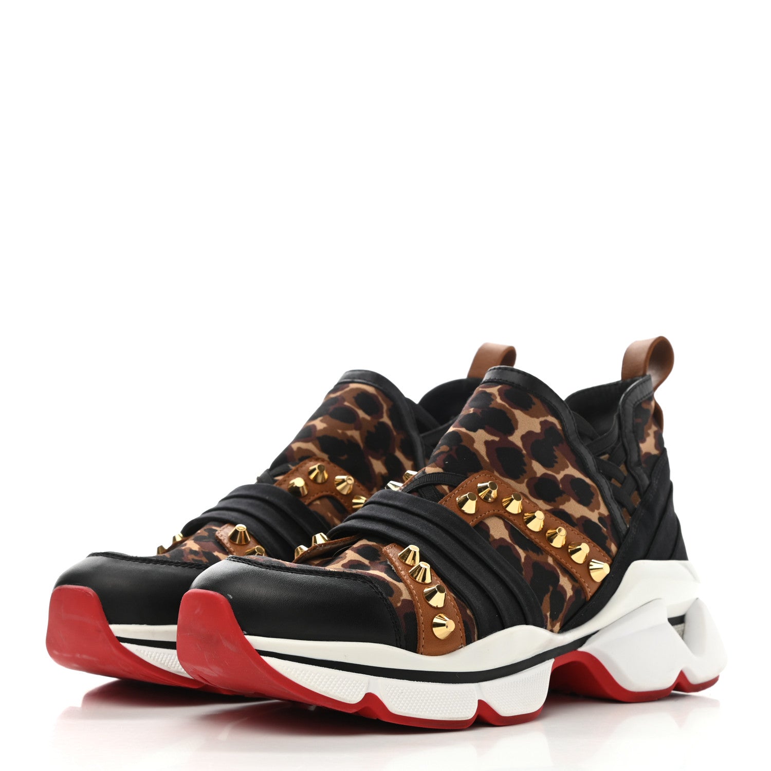 Christian Louboutin Calfskin Neoprene Leopard Studded Donna Flat Sneakers 36 Black Marron 3 of 9