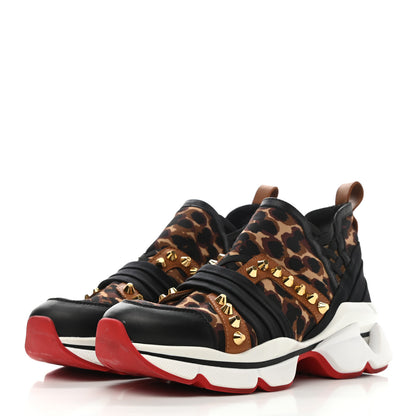 Christian Louboutin Calfskin Neoprene Leopard Studded Donna Flat Sneakers 36 Black Marron 3 of 9