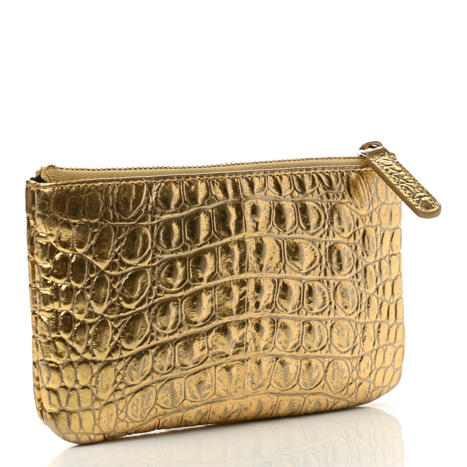 Chanel Metallic Calfskin Crocodile Embossed Cocodile Small Cosmetic Case Gold 3 of 7