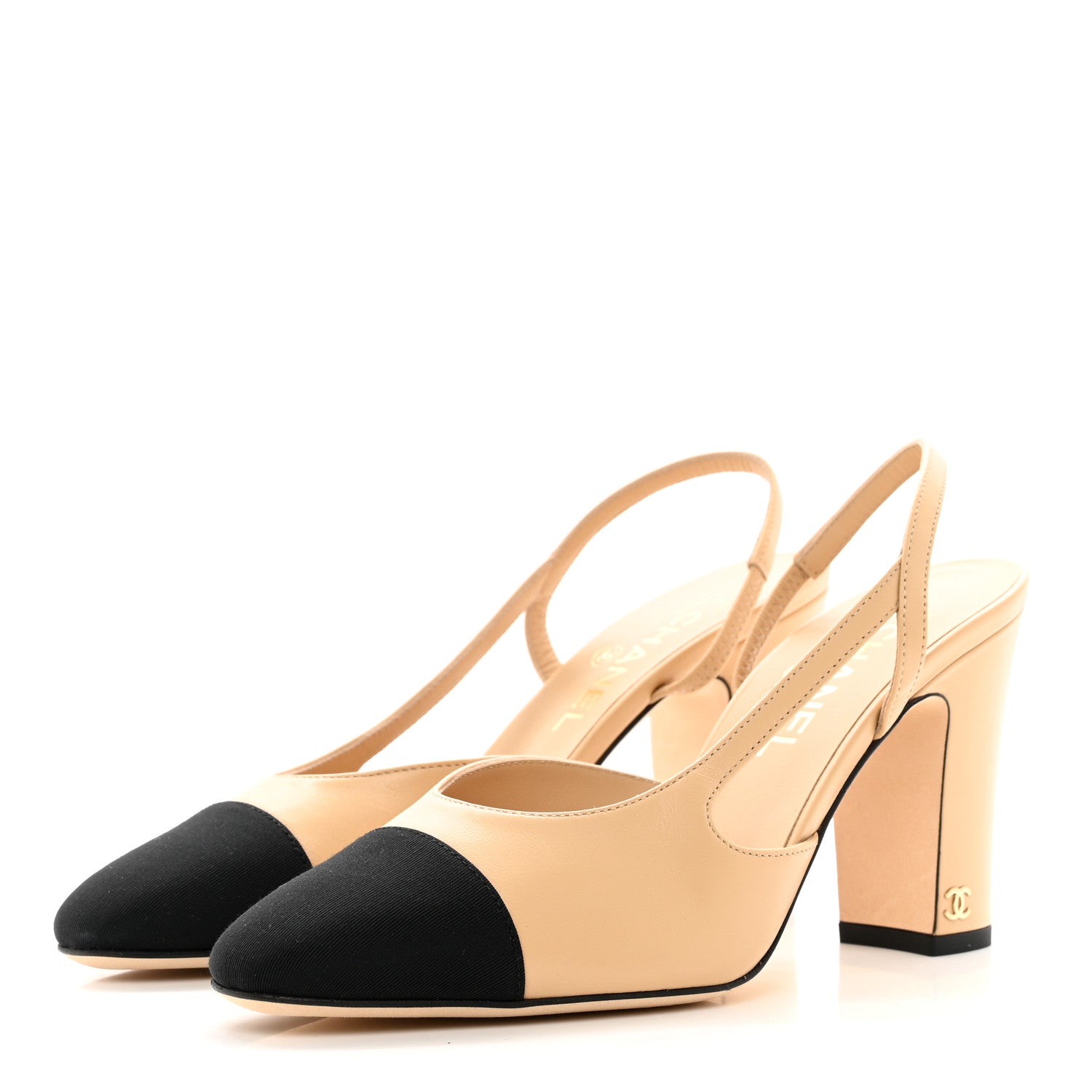 Chanel Goatskin Grosgrain Cap Toe CC Slingback Pumps 39 Beige Black 3 of 9