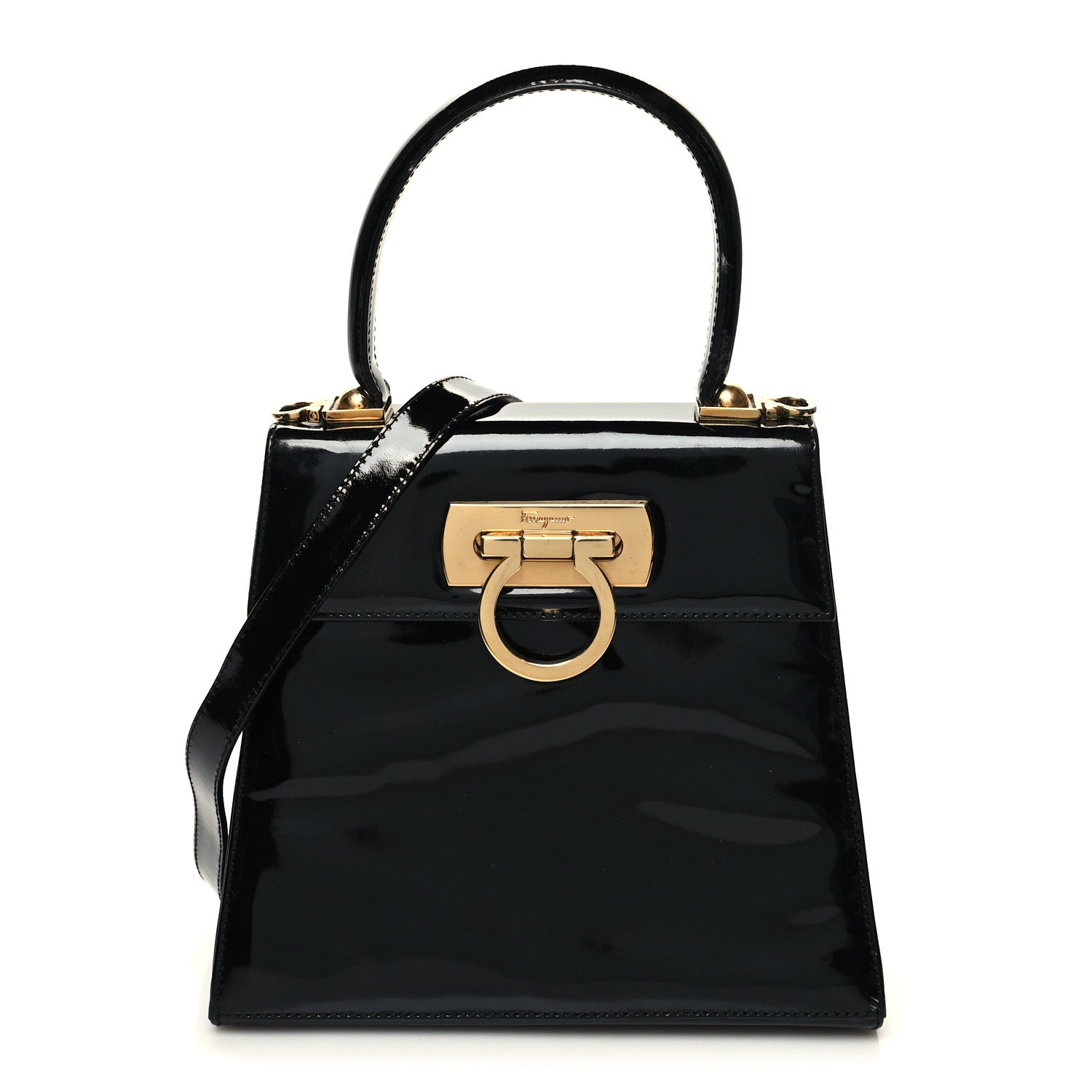 Salvatore Ferragamo Patent Small Iconic Top Handle Bag Black 1 of 10