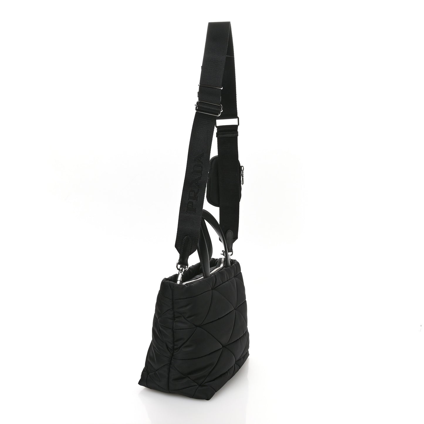 Re-Nylon Nappa Triangle Quilted Padded Double Handled Zip Pocket Tote Black