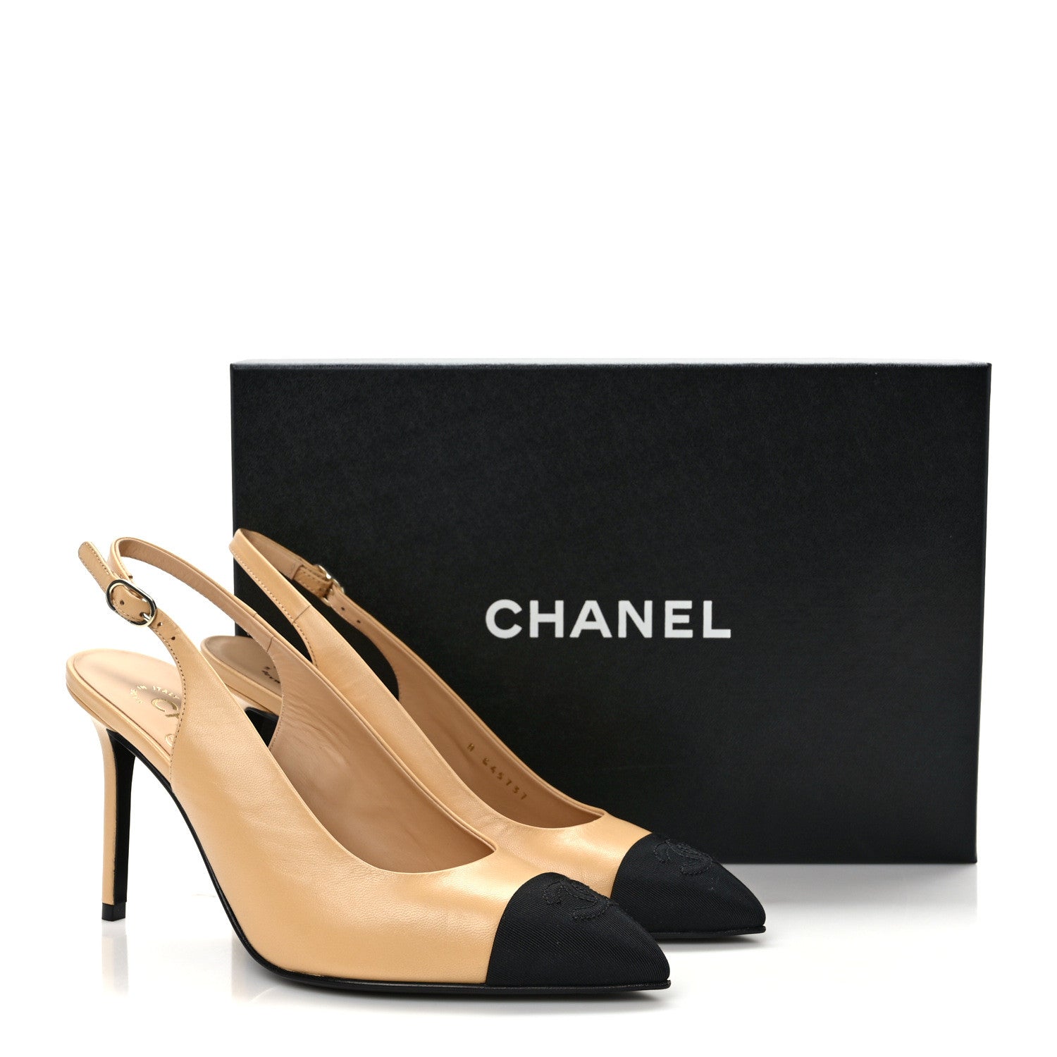 Chanel Goatskin Grosgrain Pointed Cap Toe CC Slingback Pumps 37 Beige Black 9 of 9