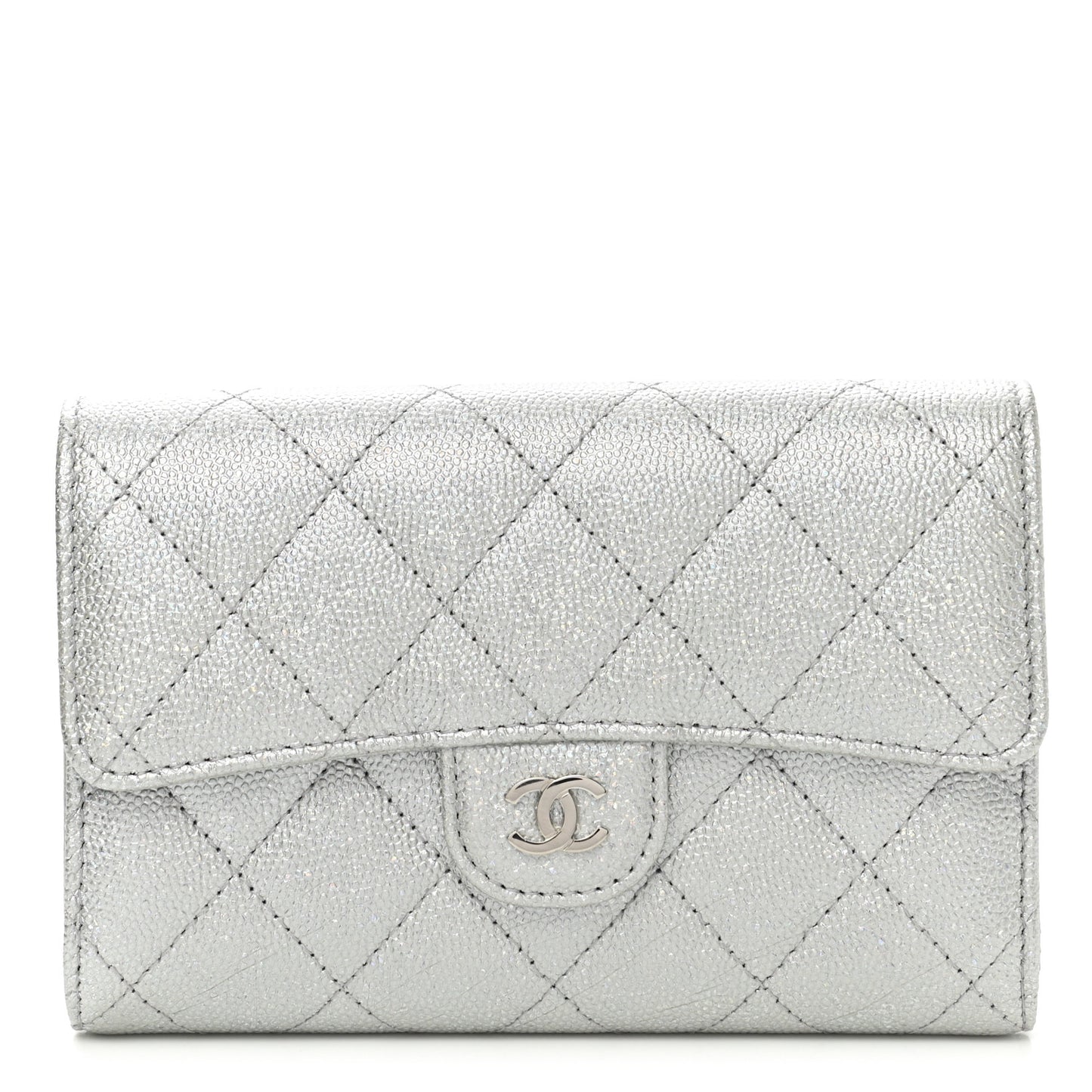 Glittered Metallic Caviar Quilted Medium Flap Wallet Silver