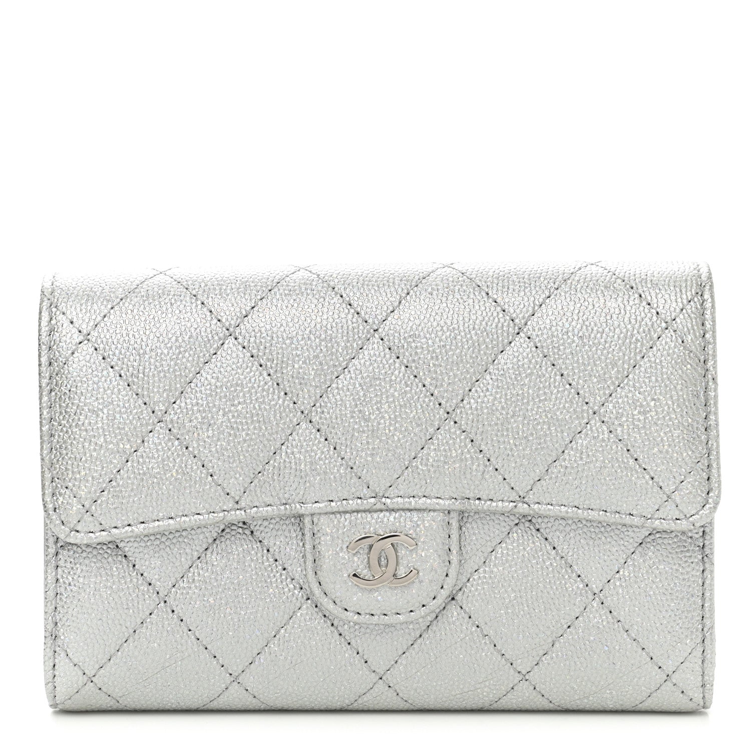 Chanel Glittered Metallic Caviar Quilted Medium Flap Wallet Silver 1 of 9