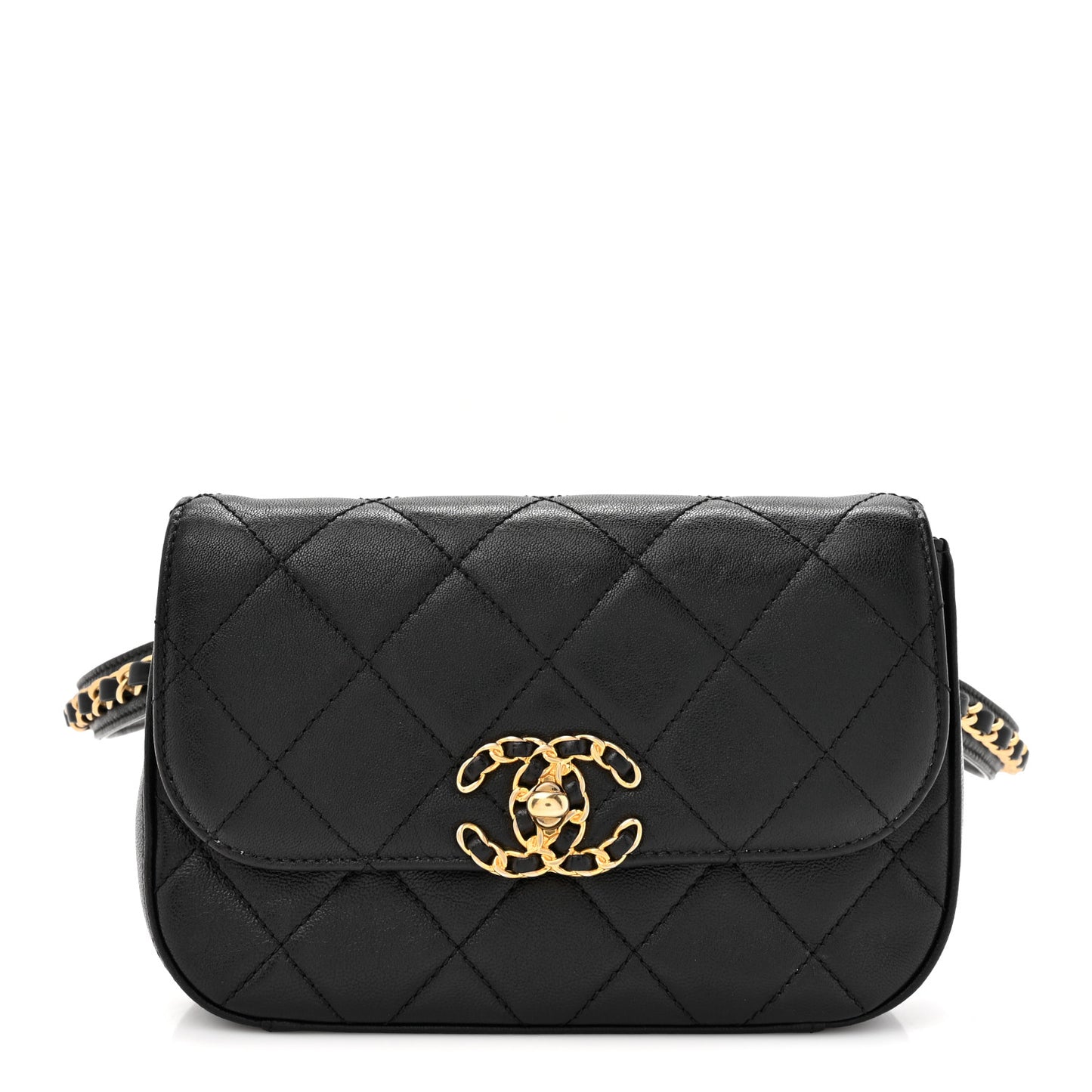 Lambskin Quilted Chain Infinity Waist Belt Bag Black