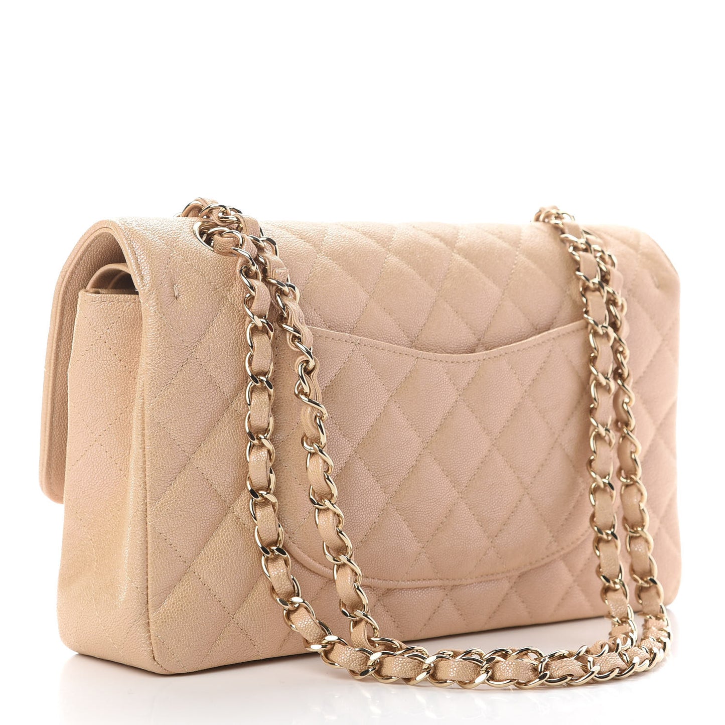 Iridescent Caviar Quilted Medium Double Flap Beige