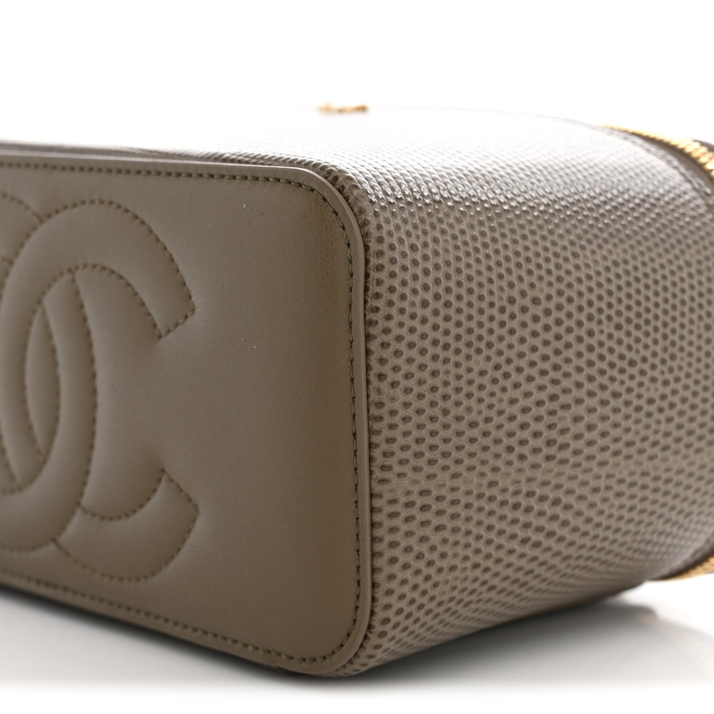 Calfskin Lizard Embossed Top Handle Vanity With Chain Dark Khaki