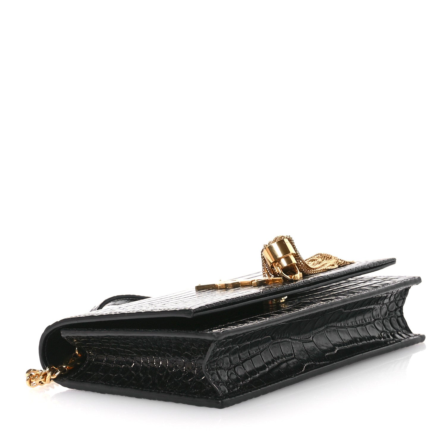 Saint Laurent Calfskin Crocodile Embossed Small Classic Monogram Kate Tassel Satchel Black 4 of 10