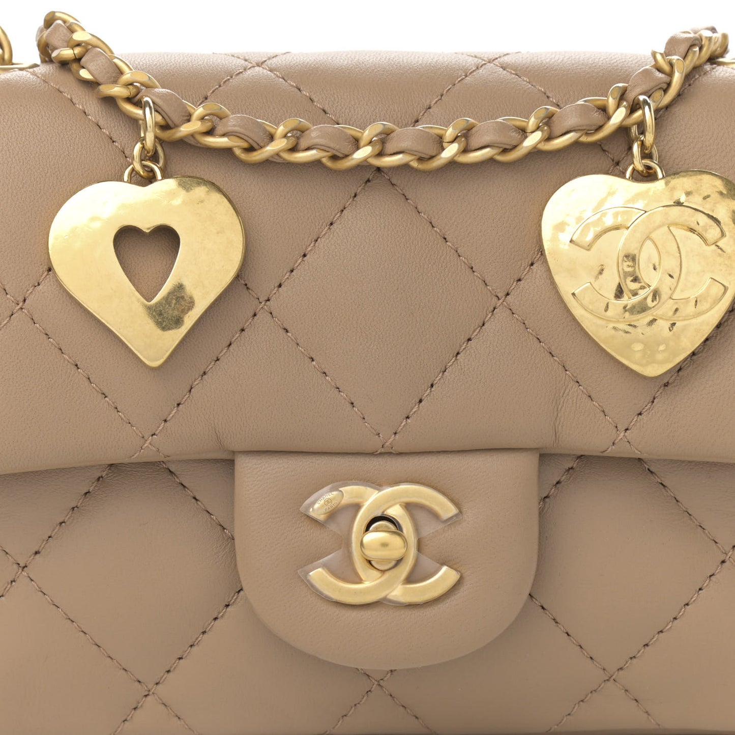 Lambskin Quilted Mini Heart Charms Flap Beige